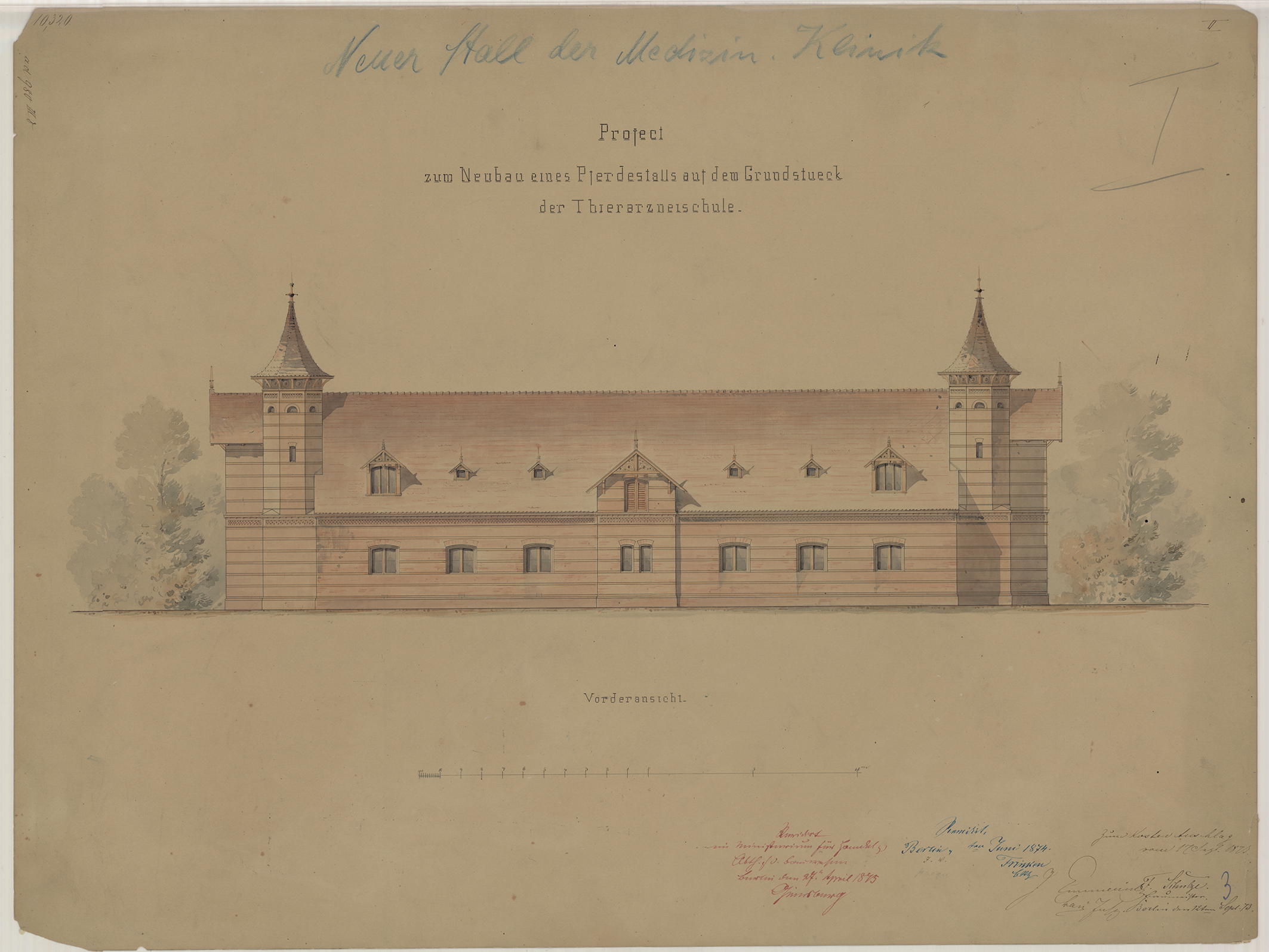 "Project zum Neubau eines Pferdestalls auf dem Grundstueck der Thierarzneischule", 59,8 cm x 45,4 cm, Zeichnung, Tusche, laviert auf Karton