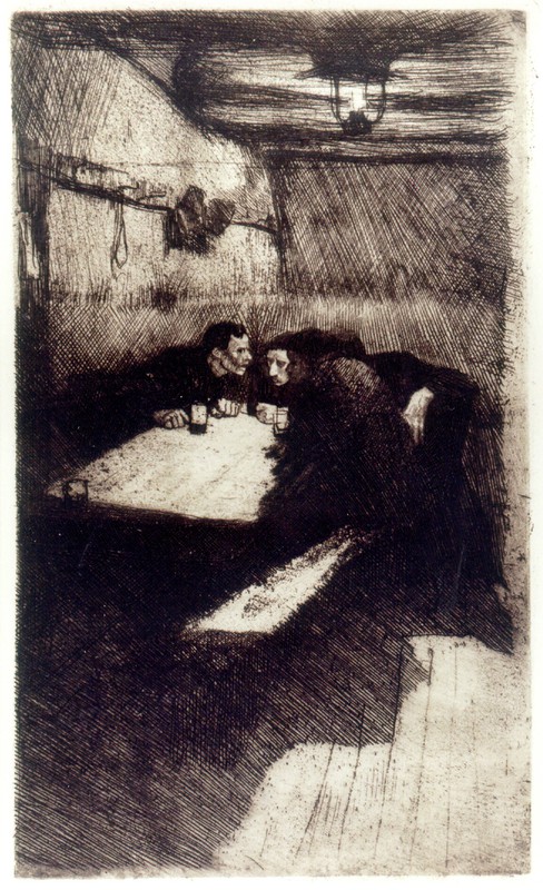 Abb. 1: Käthe Kollwitz, Beratung, Nadelätzung/ Schmirgel/ Kaltnadeldruck, 1895. Drittes Blatt aus dem Zyklus “Weberaufstand”, Inv.-Nr. G 234.