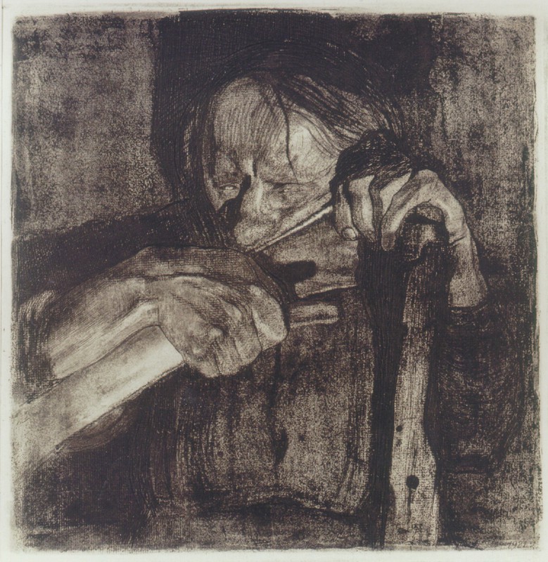 Abb. 4: Käthe Kollwitz, Beim Dengeln, Strichätzung/ Kaltnadel/ Schmirgel/ Aquatinta und Vernis mou, 1905. Drittes Blatt aus dem Zyklus „Bauernkrieg“, Inv.-Nr. G 238.