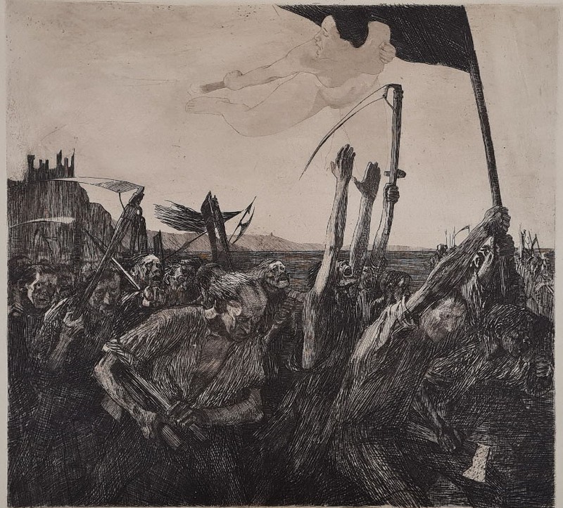 Abb. 5: Käthe Kollwitz, Aufruhr, Strichätzung/ Kaltnadel/ Aquatinta/ Reservage/ Vernis mou, 1902/03. Reproduktion von Blatt fünf des Grafikzyklus‘ “Bauernkrieg” im Kunstwart, Inv.-Nr. G 2431.