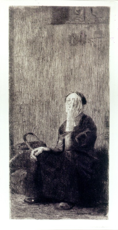 Abb. 8: Käthe Kollwitz, An der Kirchenmauer, Nadelätzung und Kaltnadel, 1893, Inv.-Nr. G 247.